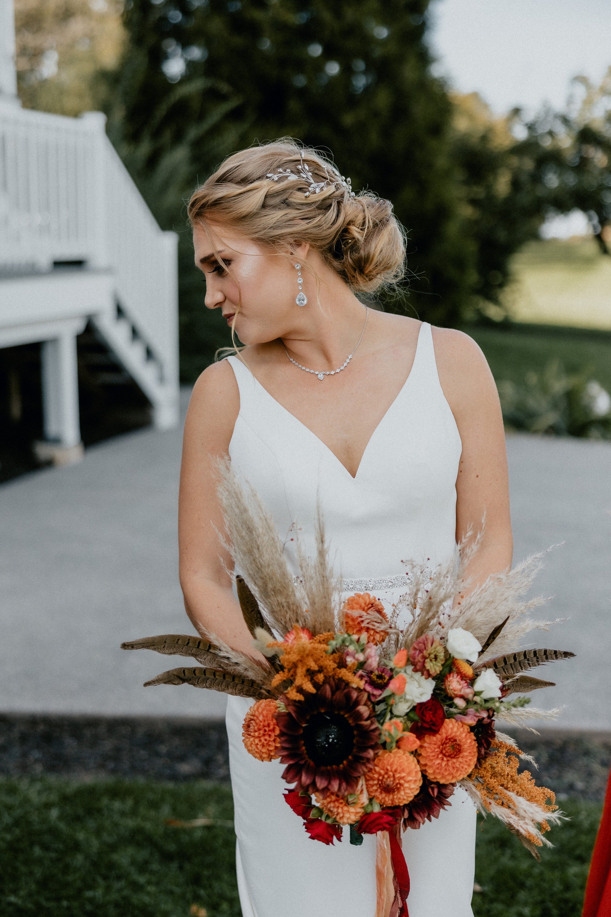 Fall wedding Bouquet with dahlias, feathers and dried grasses Sweet Blossoms LLC